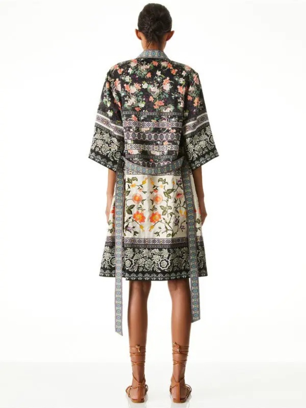 Alice + Olivia Black Floral Kimono Midi Dress with Multi-Color Accents